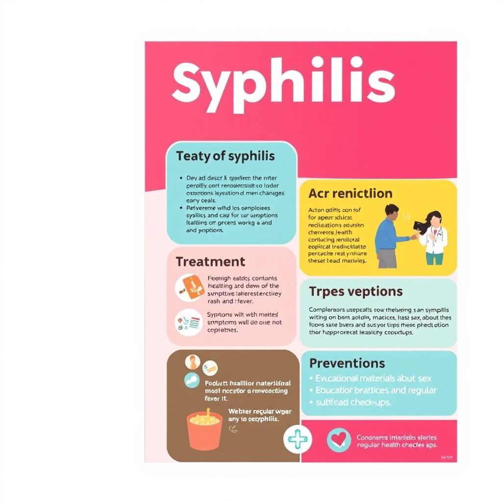 A visually appealing flyer about syphilis, featuring the following sections: 1