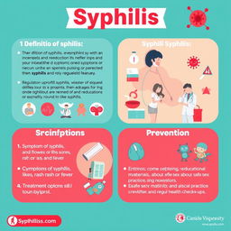 A visually appealing flyer about syphilis, featuring the following sections: 1