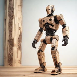 An intricate digital art piece showcasing a humanoid robot meticulously constructed from various types of wood