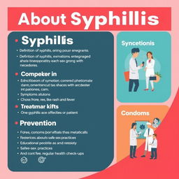 A visually appealing flyer about syphilis, featuring the following sections: 1