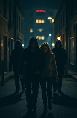 A tense scene in a dimly lit city street, featuring a couple walking closely together, seemingly unaware of the danger behind them