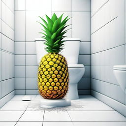 A high-quality, humorous digital art image depicting a pineapple in an unusual setting - a toilet