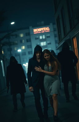 A tense scene in a dimly lit city street, featuring a couple walking closely together, seemingly unaware of the danger behind them