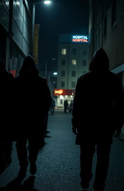 A tense scene in a dimly lit city street, featuring a couple walking closely together, seemingly unaware of the danger behind them