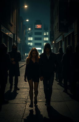 A tense scene in a dimly lit city street, featuring a couple walking closely together, seemingly unaware of the danger behind them