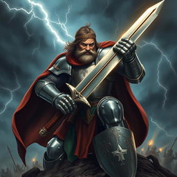 A strong knight in full armor, valiantly fighting for his country