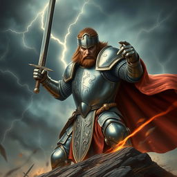 A strong knight in full armor, valiantly fighting for his country