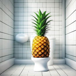 A high-quality, humorous digital art image depicting a pineapple in an unusual setting - a toilet