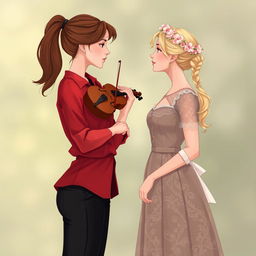 An enchanting illustration of two women in their 20s, gazing at each other with fascination