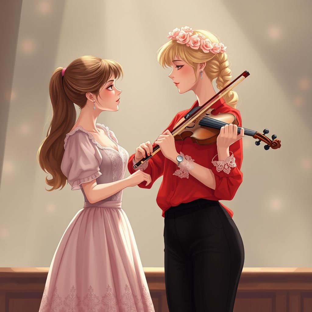 An enchanting illustration of two women in their 20s, gazing at each other with fascination