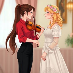 An enchanting illustration of two women in their 20s, gazing at each other with fascination