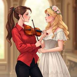An enchanting illustration of two women in their 20s, gazing at each other with fascination