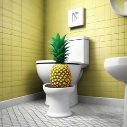 A high-quality, humorous digital art image depicting a pineapple in an unusual setting - a toilet