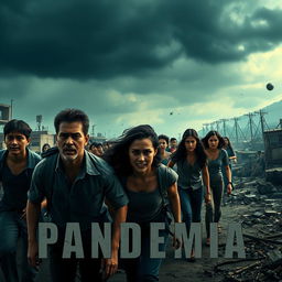 An intense and thrilling scene from the movie 'Pandemia', showcasing a group of people struggling for survival in a world devastated by a mysterious and deadly epidemic