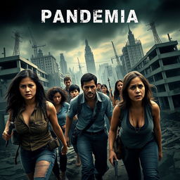 An intense and thrilling scene from the movie 'Pandemia', showcasing a group of people struggling for survival in a world devastated by a mysterious and deadly epidemic
