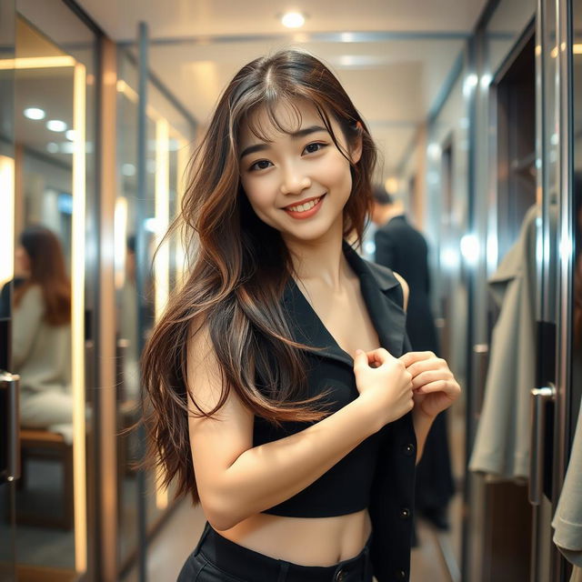 A stylish young Japanese college student in a modern changing room, showcasing a candid moment as she playfully adjusts her outfit