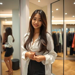 A stylish young Japanese college student in a modern changing room, showcasing a candid moment as she playfully adjusts her outfit