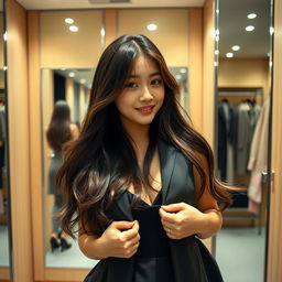 A stylish young Japanese college student in a modern changing room, showcasing a candid moment as she playfully adjusts her outfit