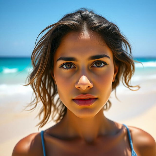 A portrait of a woman resembling Polly Benítez, with dark skin and striking Turkish eyes, standing on a beautiful beach