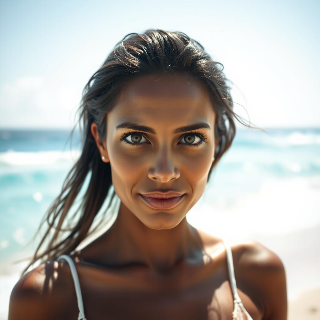 A portrait of a woman resembling Polly Benítez, with dark skin and striking Turkish eyes, standing on a beautiful beach