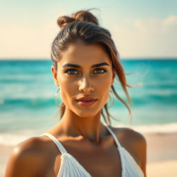 A portrait of a woman resembling Polly Benítez, with dark skin and striking Turkish eyes, standing on a beautiful beach
