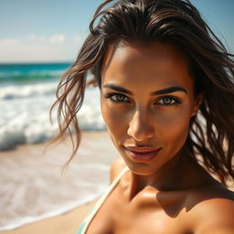 A portrait of a woman resembling Polly Benítez, with dark skin and striking Turkish eyes, standing on a beautiful beach