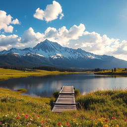 A serene landscape featuring a majestic mountain range with snow-capped peaks under a bright blue sky, fluffy white clouds scattered above