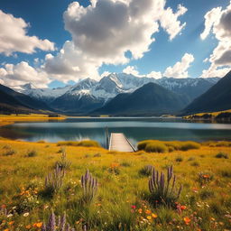A serene landscape featuring a majestic mountain range with snow-capped peaks under a bright blue sky, fluffy white clouds scattered above