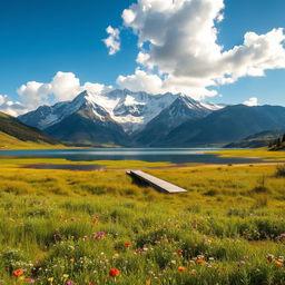 A serene landscape featuring a majestic mountain range with snow-capped peaks under a bright blue sky, fluffy white clouds scattered above