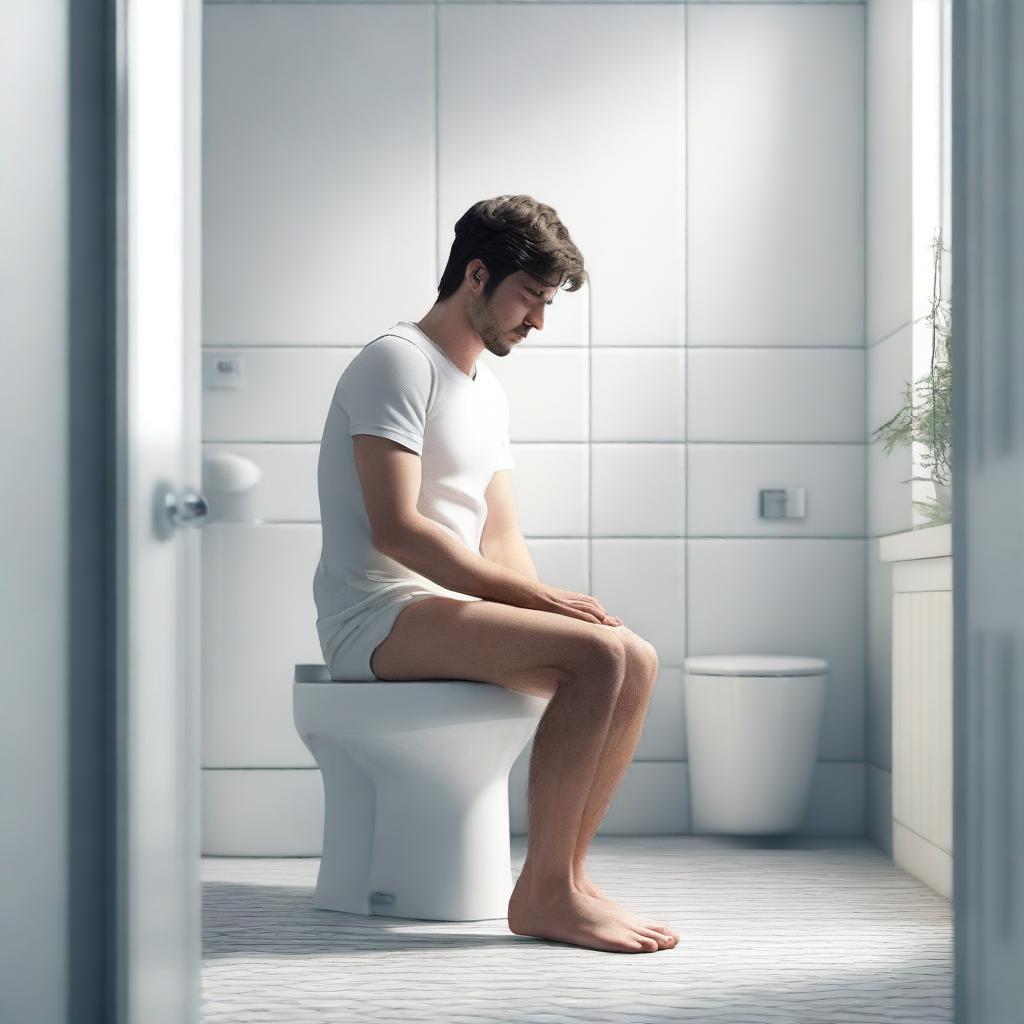 A high-quality, photo-realistic 3D render of a person sitting on a toilet