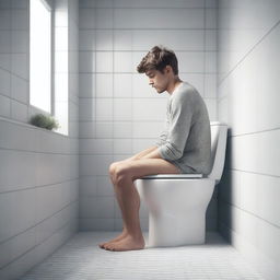 A high-quality, photo-realistic 3D render of a person sitting on a toilet