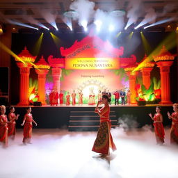 A vibrant stage performance featuring a welcoming ceremony themed 'Pesona Nusantara', showcasing colorful traditional Indonesian costumes and cultural expressions
