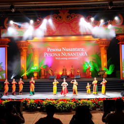 A vibrant stage performance featuring a welcoming ceremony themed 'Pesona Nusantara', showcasing colorful traditional Indonesian costumes and cultural expressions
