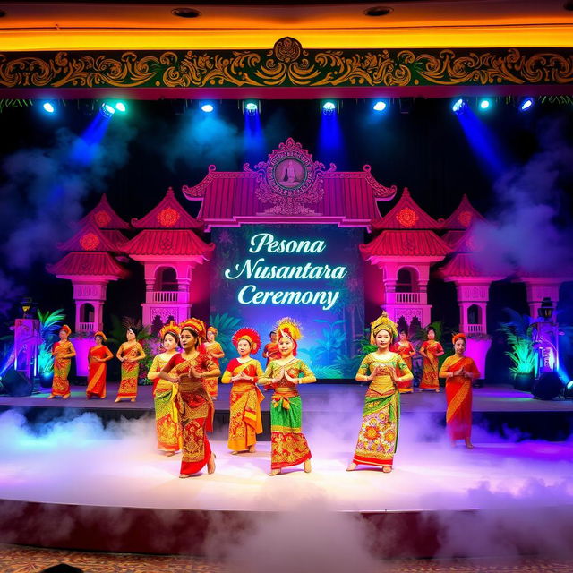 A vibrant stage performance featuring a welcoming ceremony themed 'Pesona Nusantara', showcasing colorful traditional Indonesian costumes and cultural expressions