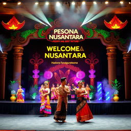 A vibrant stage performance featuring a welcoming ceremony themed 'Pesona Nusantara', showcasing colorful traditional Indonesian costumes and cultural expressions