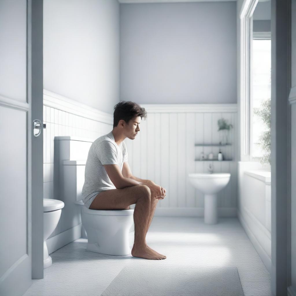 A high-quality, photo-realistic 3D render of a person sitting on a toilet