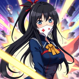 A very beautiful anime girl with long black hair, striking blue eyes, a lovely figure, and pale skin, wearing a My Hero Academia uniform