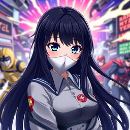 A very beautiful anime girl with long black hair, striking blue eyes, a lovely figure, and pale skin, wearing a My Hero Academia uniform
