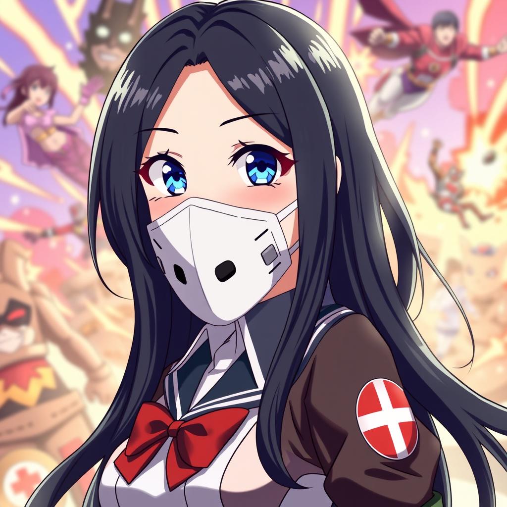 A very beautiful anime girl with long black hair, striking blue eyes, a lovely figure, and pale skin, wearing a My Hero Academia uniform