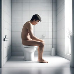 A high-quality, photo-realistic 3D render of a person sitting on a toilet