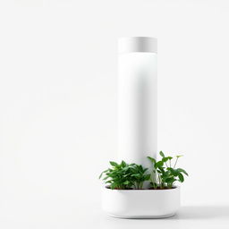A minimalist indoor CO2 filtration device designed to capture carbon dioxide and release it into plants, featuring a sleek design with a chimney that channels oxygen