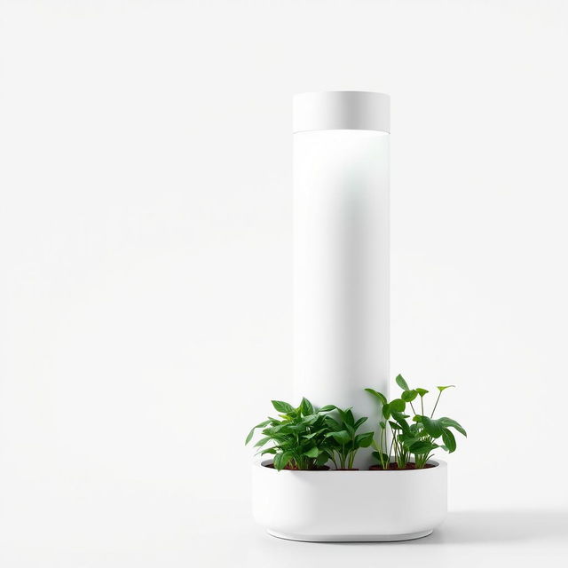 A minimalist indoor CO2 filtration device designed to capture carbon dioxide and release it into plants, featuring a sleek design with a chimney that channels oxygen