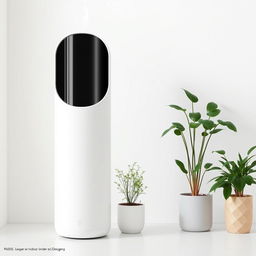 A minimalist indoor CO2 filtration device designed to capture carbon dioxide and release it into plants, featuring a sleek design with a chimney that channels oxygen