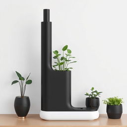 A minimalist indoor CO2 filtration device designed to capture carbon dioxide and release it into plants, featuring a sleek design with a chimney that channels oxygen