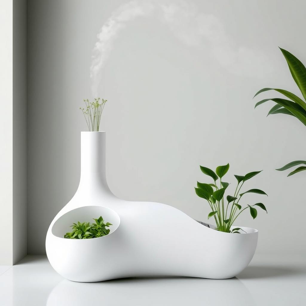 A minimalist indoor CO2 filtration device designed to capture carbon dioxide and release it into plants, featuring a sleek design with a chimney that channels oxygen