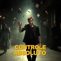An intense psychological thriller scene from the movie 'Controle Absoluto', featuring the protagonist, Steven, in a moment of revelation as he discovers his telekinetic abilities