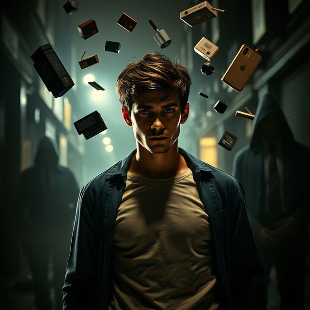 An intense psychological thriller scene from the movie 'Controle Absoluto', featuring the protagonist, Steven, in a moment of revelation as he discovers his telekinetic abilities