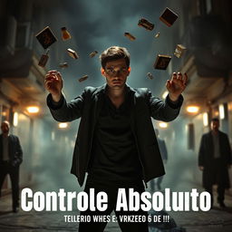 An intense psychological thriller scene from the movie 'Controle Absoluto', featuring the protagonist, Steven, in a moment of revelation as he discovers his telekinetic abilities