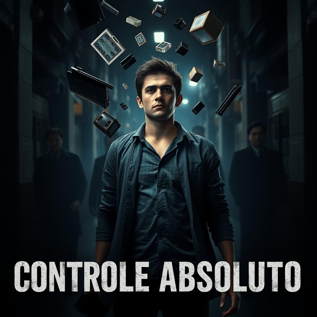 An intense psychological thriller scene from the movie 'Controle Absoluto', featuring the protagonist, Steven, in a moment of revelation as he discovers his telekinetic abilities