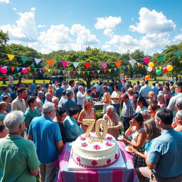 A vibrant and lively celebration scene commemorating 70 years of institutional life